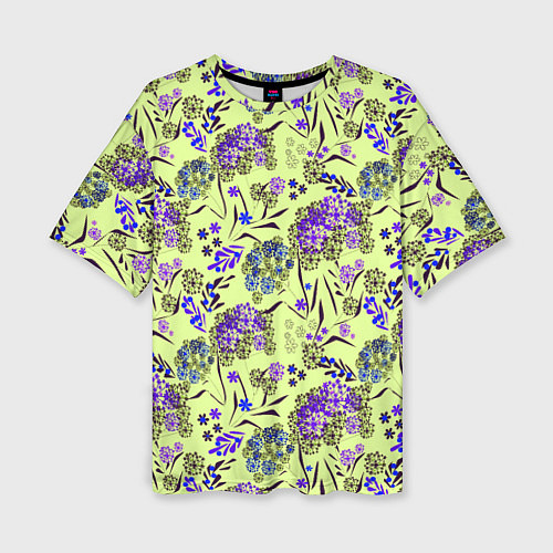 Женская футболка оверсайз Фиолетовые цветы на зеленом фоне / 3D-принт – фото 1