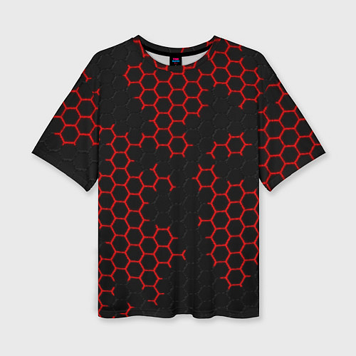 Женская футболка оверсайз НАНОКОСТЮМ Black and Red Hexagon Гексагоны / 3D-принт – фото 1