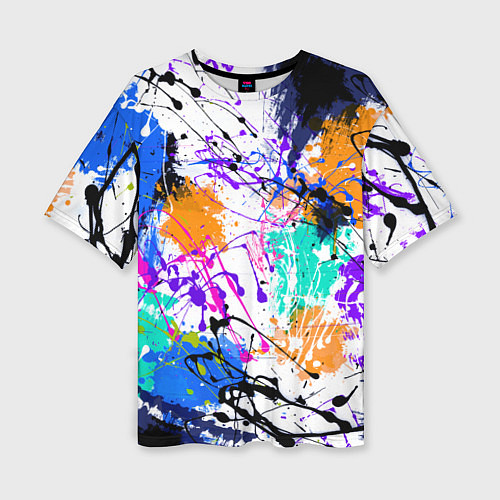 Женская футболка оверсайз Брызги и мазки разноцветных красок на белом фоне / 3D-принт – фото 1