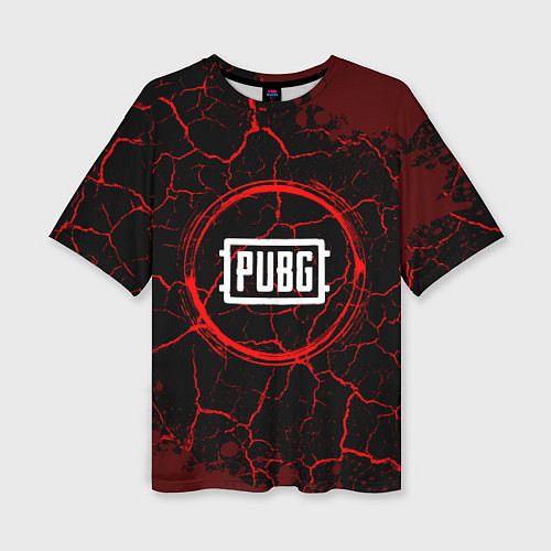 Женская футболка оверсайз Символ PUBG и краска вокруг на темном фоне / 3D-принт – фото 1