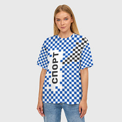Футболка оверсайз женская Спорт - бело-сине-чёрный клетчатый вариант, цвет: 3D-принт — фото 2
