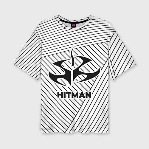 Женская футболка оверсайз Символ Hitman на светлом фоне с полосами / 3D-принт – фото 1