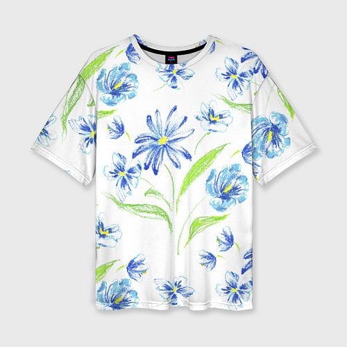 Женская футболка оверсайз Цветы Синие Нарисованные Карандашами / 3D-принт – фото 1