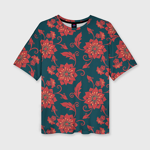 Женская футболка оверсайз Red flowers texture / 3D-принт – фото 1