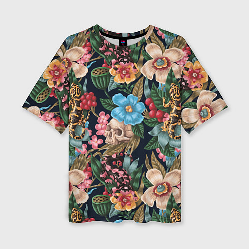 Женская футболка оверсайз Паттерн из цветов, черепов и саламандр / 3D-принт – фото 1