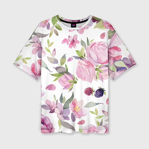Женская футболка оверсайз Летний красочный паттерн из цветков розы и ягод еж / 3D-принт – фото 1