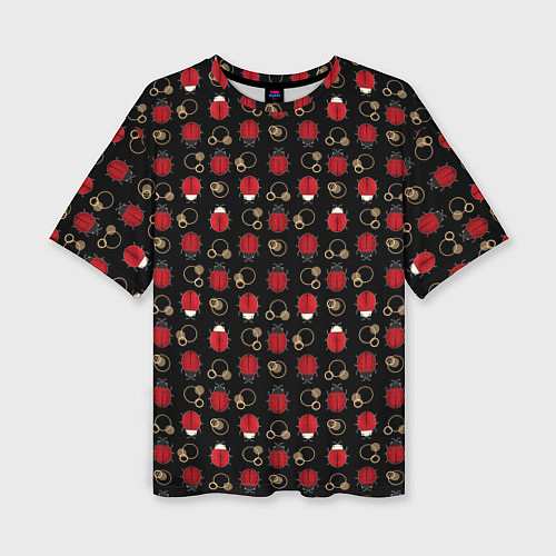 Женская футболка оверсайз Красные Божьи коровки на черном фоне ladybug / 3D-принт – фото 1
