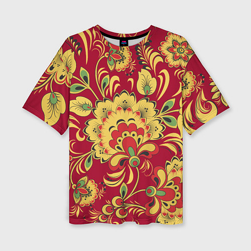 Женская футболка оверсайз Хохломская Роспись Цветы На красном Фоне / 3D-принт – фото 1