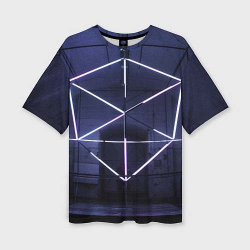 Женская футболка оверсайз Неоновый прерывистый куб во тьме - Фиолетовый / 3D-принт – фото 1
