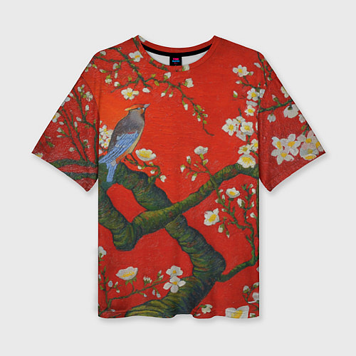 Женская футболка оверсайз Птица на ветвях сакуры / 3D-принт – фото 1