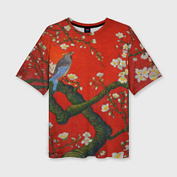 Женская футболка оверсайз Птица на ветвях сакуры