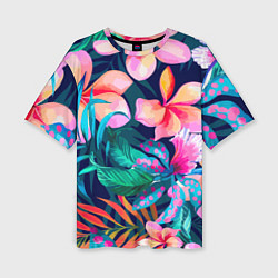 Женская футболка оверсайз Яркие тропические цветы Лето