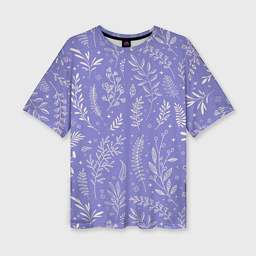 Женская футболка оверсайз Цветы и Листья На Фиолетовом Фоне / 3D-принт – фото 1