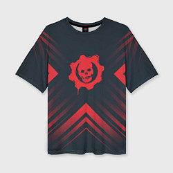 Женская футболка оверсайз Красный Символ Gears of War на темном фоне со стре