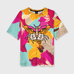 Женская футболка оверсайз Цветы, бабочка и морда тигра