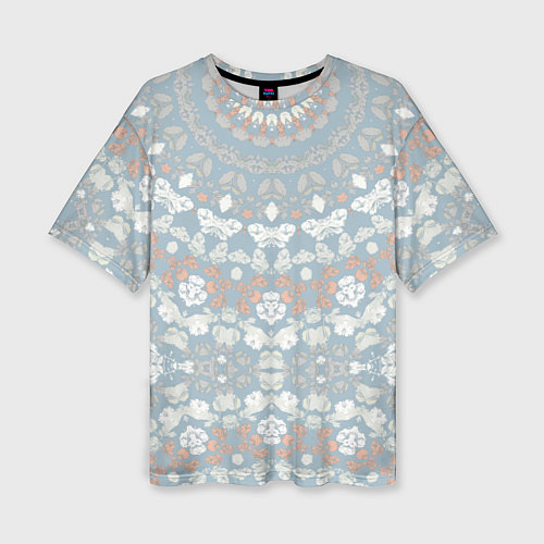 Женская футболка оверсайз Коралловый и серо-голубой, мандала / 3D-принт – фото 1