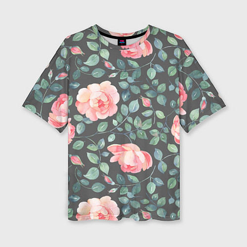Женская футболка оверсайз Розовые розы на сером фоне Цветы / 3D-принт – фото 1