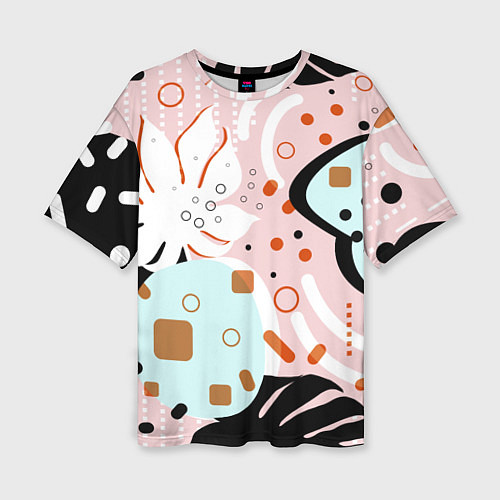Женская футболка оверсайз Абстрактные фигуры с пальмовыми листами на розовом / 3D-принт – фото 1