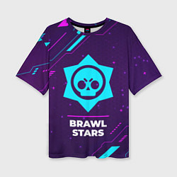 Женская футболка оверсайз Символ Brawl Stars в неоновых цветах на темном фон