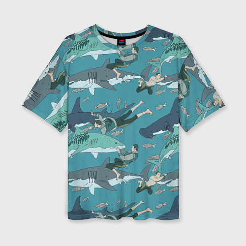 Женская футболка оверсайз Ныряльщики и акулы - паттерн / 3D-принт – фото 1