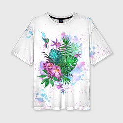 Женская футболка оверсайз Тропический букет с колибри