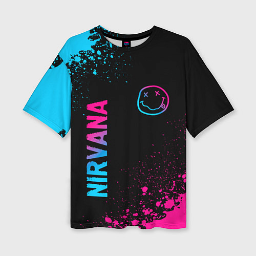 Женская футболка оверсайз Nirvana - neon gradient: символ и надпись вертикал / 3D-принт – фото 1