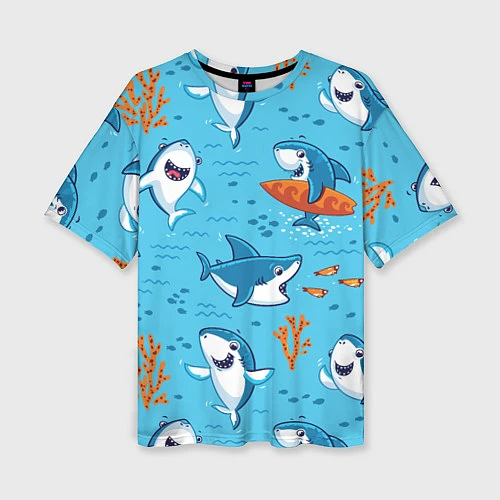 Женская футболка оверсайз Прикольные акулята - паттерн / 3D-принт – фото 1