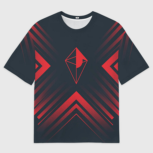 Женская футболка оверсайз Красный символ No Mans Sky на темном фоне со стрел / 3D-принт – фото 1