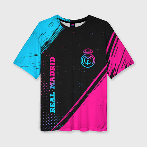 Женская футболка оверсайз Real Madrid - neon gradient: символ и надпись верт / 3D-принт – фото 1