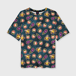 Женская футболка оверсайз Баклажаны персики бананы паттерн