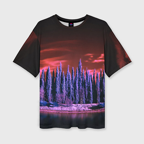 Женская футболка оверсайз Абстрактный фиолетовый лес и тёмная река / 3D-принт – фото 1
