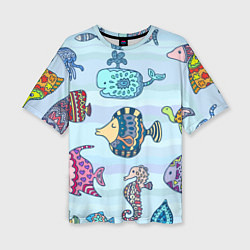 Женская футболка оверсайз Кит, черепаха, акула и другие обитатели океана