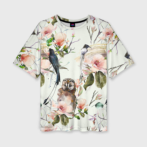 Женская футболка оверсайз Цветы Нарисованные Магнолии и Птицы / 3D-принт – фото 1