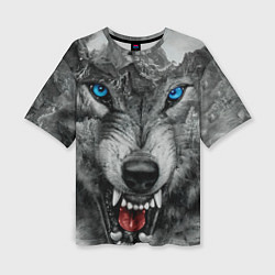 Женская футболка оверсайз Агрессивный волк с синими глазами