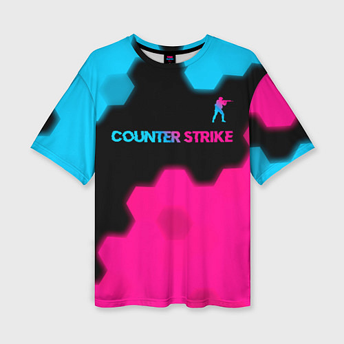 Женская футболка оверсайз Counter Strike - neon gradient: символ сверху / 3D-принт – фото 1