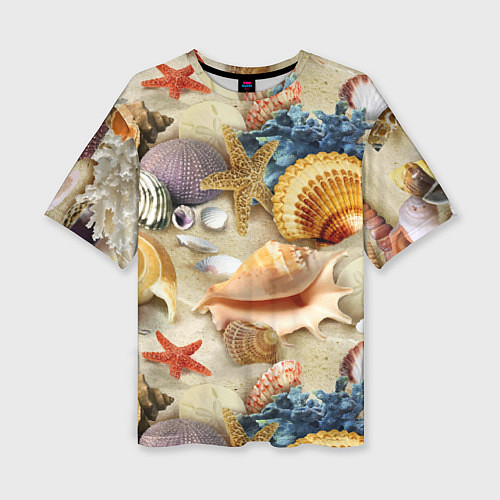 Женская футболка оверсайз Морские раковины, кораллы, морские звёзды на песке / 3D-принт – фото 1