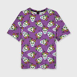 Женская футболка оверсайз Сахарные черепа на фиолетовом паттерн
