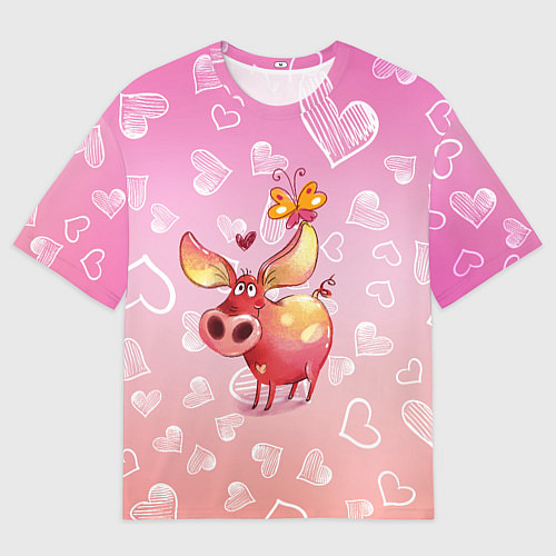 Женская футболка оверсайз Свинка с большими ушами и с бабочкой / 3D-принт – фото 1