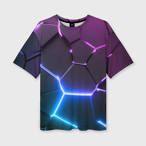 Женская футболка оверсайз Фиолетовый градиент - неоновые геометрические плит / 3D-принт – фото 1