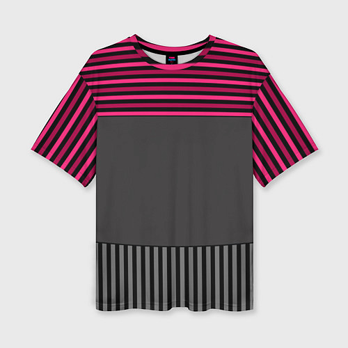 Женская футболка оверсайз Комбинированный серый с красным полосатый узор / 3D-принт – фото 1