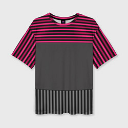 Женская футболка оверсайз Комбинированный серый с красным полосатый узор