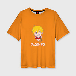 Женская футболка оверсайз Человек-бензопила Дэндзи на оранжевом фоне