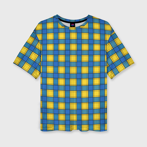 Женская футболка оверсайз Желтый с синим клетчатый модный узор / 3D-принт – фото 1