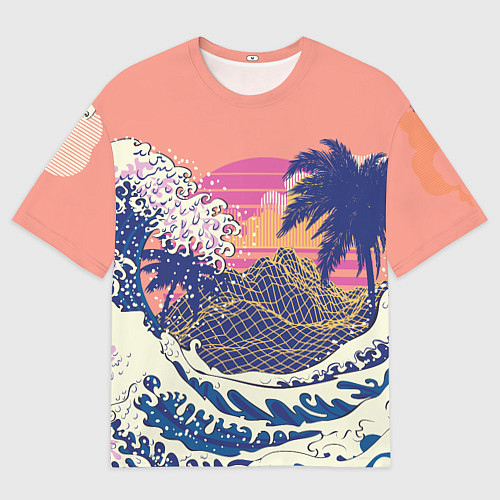 Женская футболка оверсайз Ретро дизайн большие волны, пальмы и абстрактные г / 3D-принт – фото 1