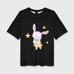 Женская футболка оверсайз Крольчонок танцует со звёздами на чёрном фоне