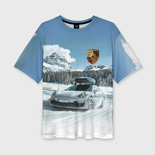 Женская футболка оверсайз Porsche on a mountain winter road / 3D-принт – фото 1