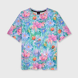 Женская футболка оверсайз Цветущий луг абстракция акварель