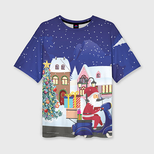 Женская футболка оверсайз Дед Мороз едет на скутере с подарками в Новогоднюю / 3D-принт – фото 1