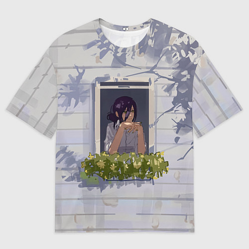 Женская футболка оверсайз Человек-бензопила Аса Митака в окне / 3D-принт – фото 1