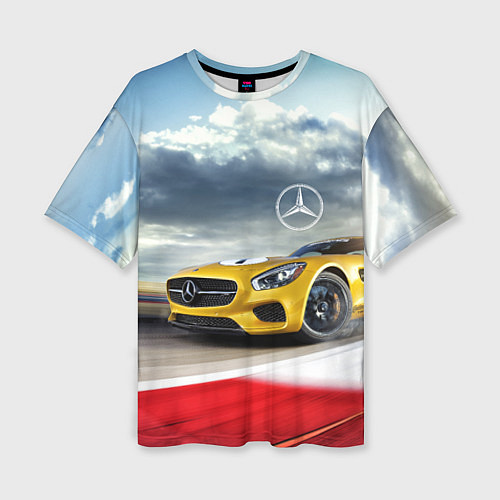 Женская футболка оверсайз Mercedes AMG V8 Biturbo на трассе / 3D-принт – фото 1